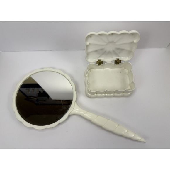 Vintage Menda 1950's Embellished White trinket box w/Matching  Handheld Mirror - Picture 2 of 16